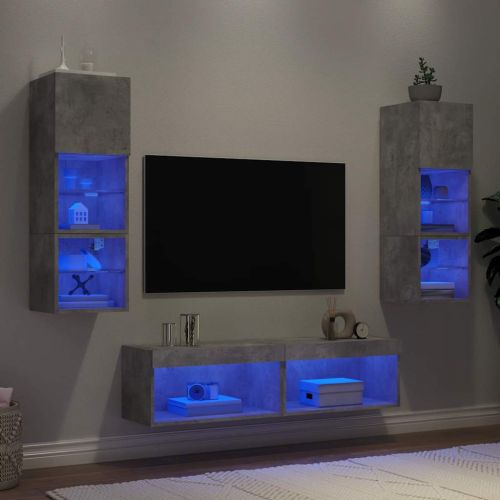 ТВ стенни модули с LED, 6 части, бетонно сиви, инженерно дърво