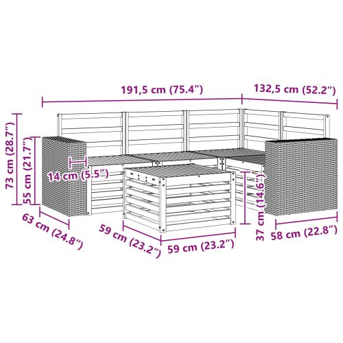 Комплект дивани за открито 5 pcs Натурално 59 x 59 x 37 см