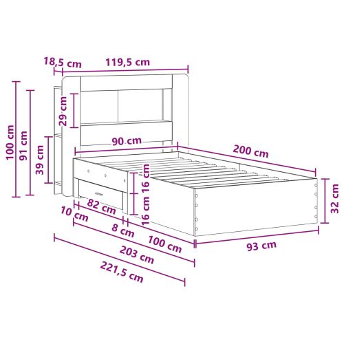 Леглово рамо с хранилище с таблото Дъб артизан 90 x 200 cm
