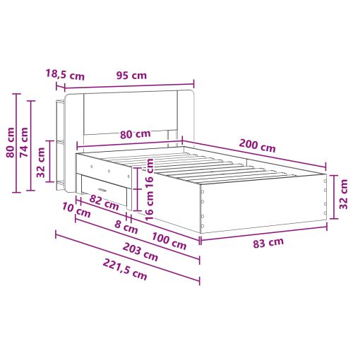 Леглово рамо с хранилище с таблото Бетонно сиво 80 x 200 cm
