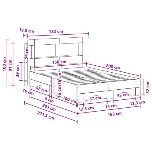 Леглово рамо с хранилище с таблото Опушен дъб 150 x 200 cm