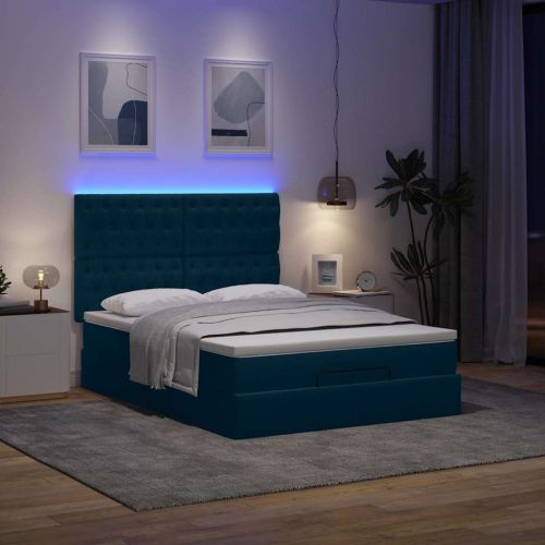 Османска легло с матраци и LED, тъмносиньо, 140x200 см, кадифе