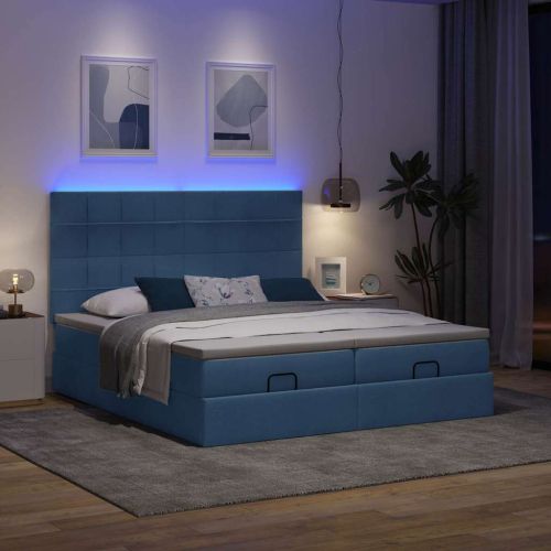 Османска легло с матраци и LED, синьо, 160x200 см, плат