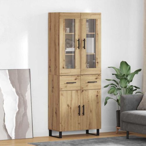 Висок шкаф с чекмедже 2 pcs Дъб Инженерна дървесина и стъкло