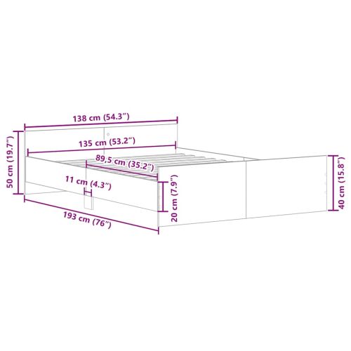 Рамка за легло с горна и долна табла, бетонно сива, 135x190 см