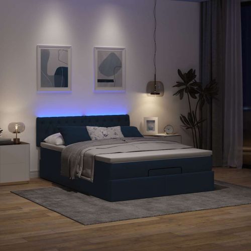 Османска легло с матрак и LED, синьо, 140x190 см, плат