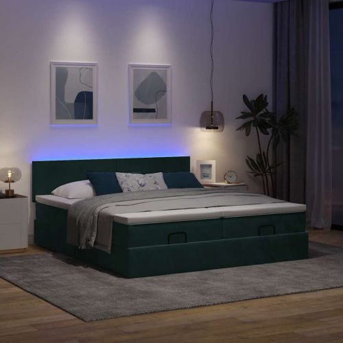 Османска легло с матраци и LED, тъмнозелено, 160x200 см, кадифе