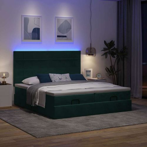 Османска легло с матраци и LED, тъмнозелено, 160x200 см, кадифе