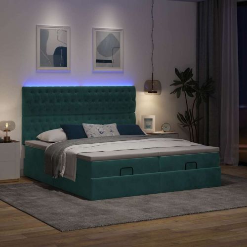 Османска легло с матраци и LED, тъмнозелено, 200x200 см, кадифе
