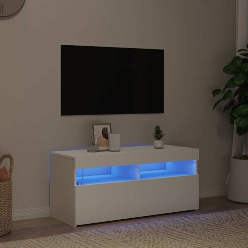 ТВ шкаф с LED осветление, бял, 90x35x40 см