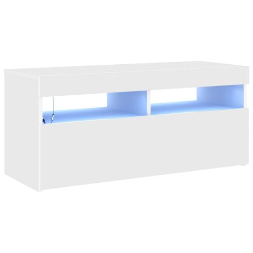 ТВ шкаф с LED осветление, бял, 90x35x40 см