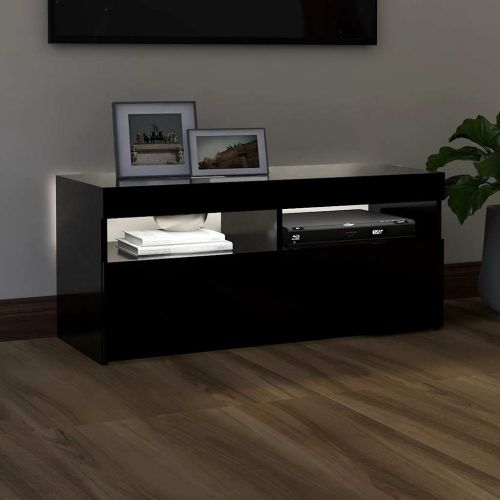 ТВ шкаф с LED осветление, черен, 90x35x40 см