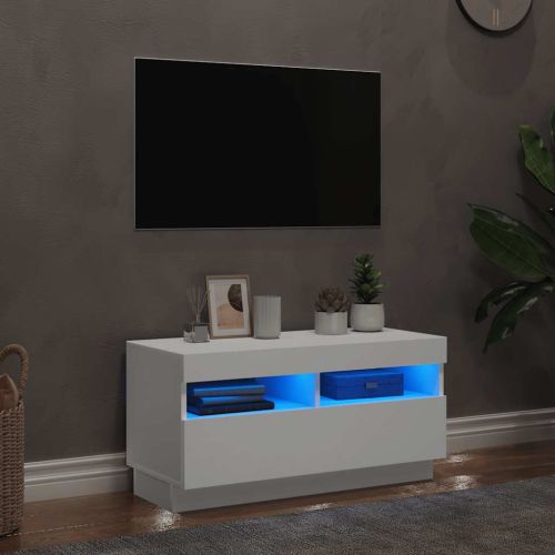 ТВ шкаф с LED осветление, бял, 80x35x40 см
