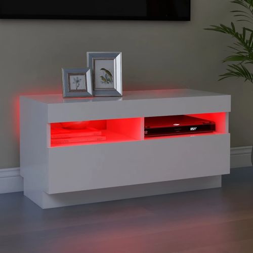 ТВ шкаф с LED осветление, бял, 80x35x40 см
