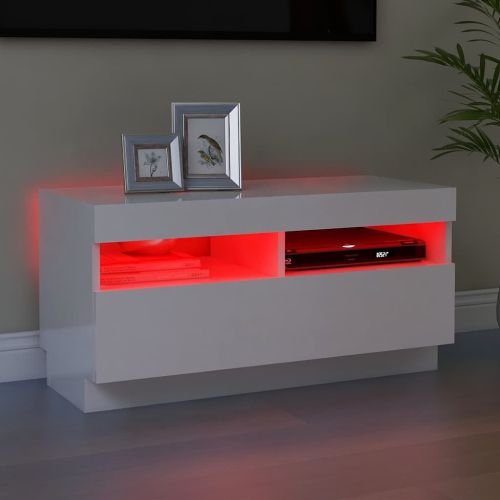ТВ шкаф с LED осветление, бял гланц, 80x35x40 см