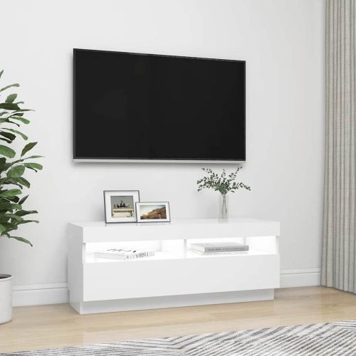 ТВ шкаф с LED осветление, бял, 100x35x40 см