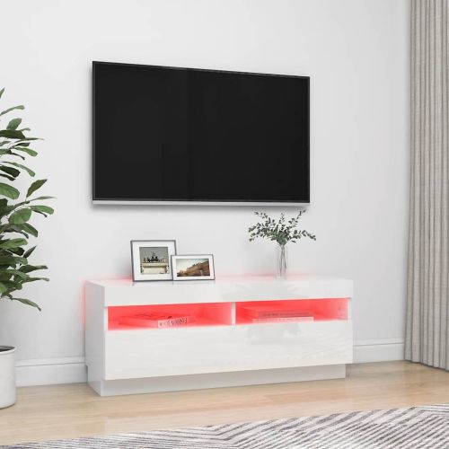 ТВ шкаф с LED осветление, бял гланц, 100x35x40 см