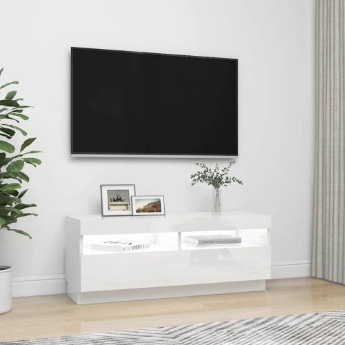 ТВ шкаф с LED осветление, бял гланц, 100x35x40 см