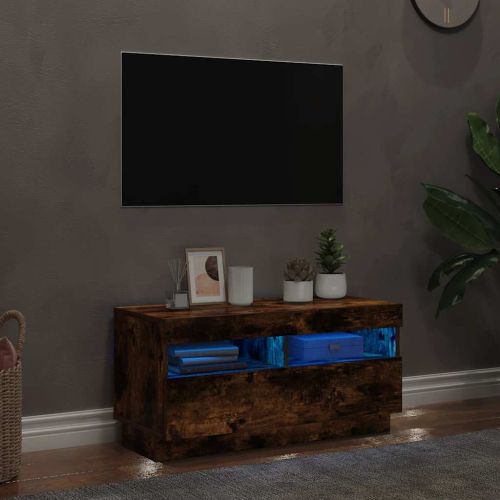ТВ шкаф с LED осветление, опушен дъб, 80x35x40 см
