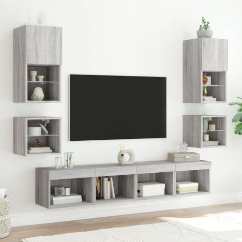 Стенен ТВ шкаф с LED осветление, сив сонома, 30x28,5x30 см