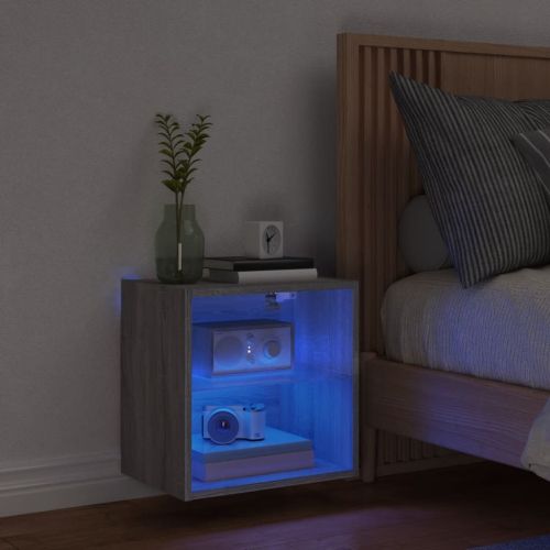 Нощно шкафче с LED осветление, сив сонома, за стенен монтаж
