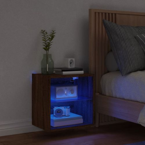 Нощно шкафче с LED осветление, кафяв дъб, за стенен монтаж