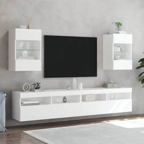 Стенен ТВ шкаф с LED осветление, бял, 40x30x60,5 см