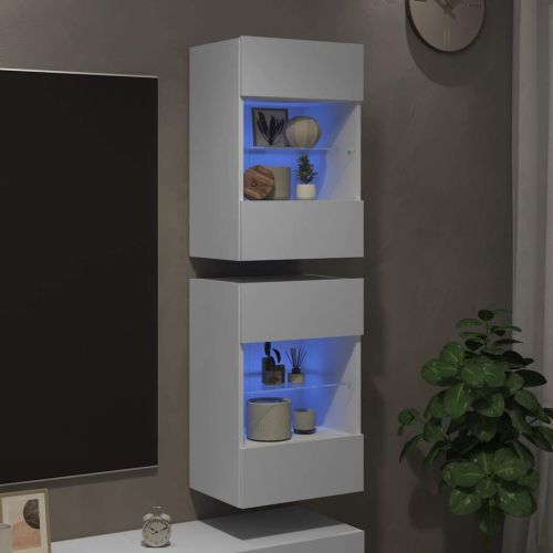 Стенни шкафове с LED светлини за телевизор, 2 бр, бели, 40x30x60,5 см