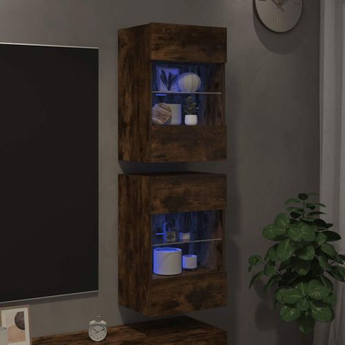 Стенни шкафове с LED светлини за телевизор, 2 бр, опушен дъб, 40x30x60,5 см