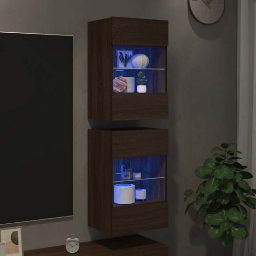 Стенни шкафове с LED светлини за телевизор, 2 бр, кафяв дъб, 40x30x60,5 см