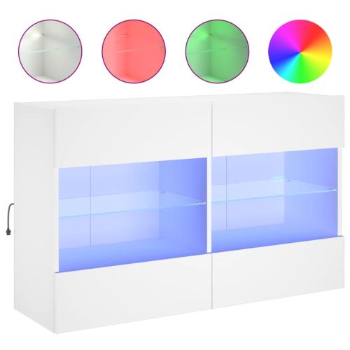 Стенен ТВ шкаф с LED осветление, бял, 98,5x30x60,5 см