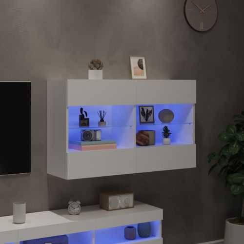 Стенен ТВ шкаф с LED осветление, бял, 98,5x30x60,5 см