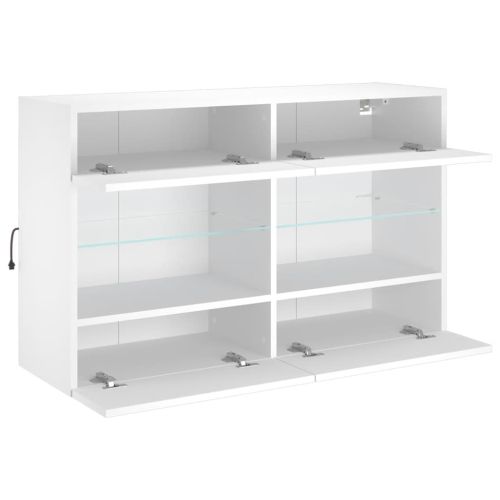 Стенен ТВ шкаф с LED осветление, бял, 98,5x30x60,5 см