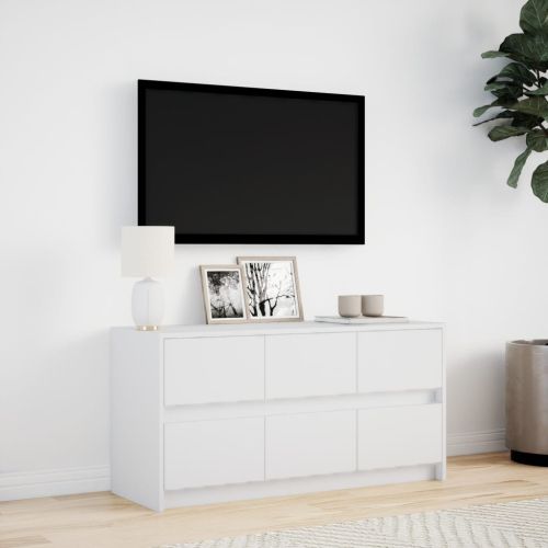 ТВ шкаф с LED, бял, 100x34x50 см, инженерно дърво