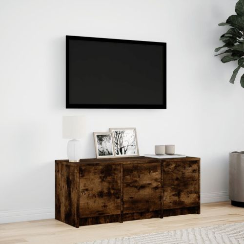 ТВ шкаф с LED, опушен дъб, 97x34x40 см, инженерно дърво