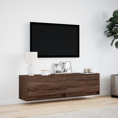 Стенен ТВ шкаф с LED осветление, кафяв дъб, 140x31x38 см