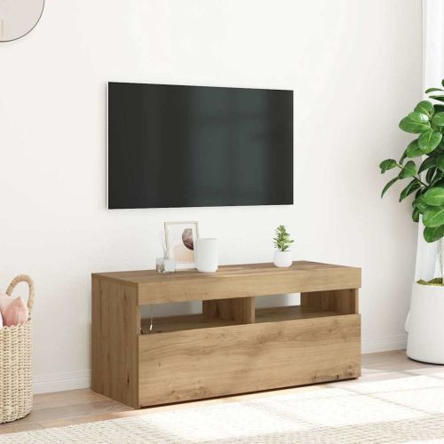 ТВ шкаф с LED осветление, 90x35x40 см, инженерно дърво