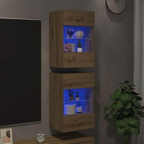 Стенни шкафове с LED светлини за телевизор, 2 бр, дъб артизан, 40x30x60,5 см