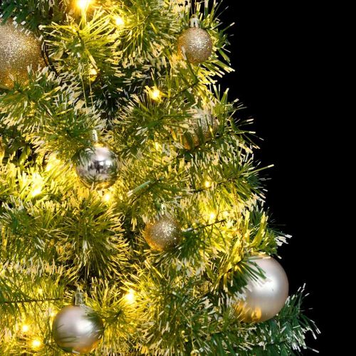 Изкуствена коледна елха, 150 LED, топки и флокиран сняг, 150 см