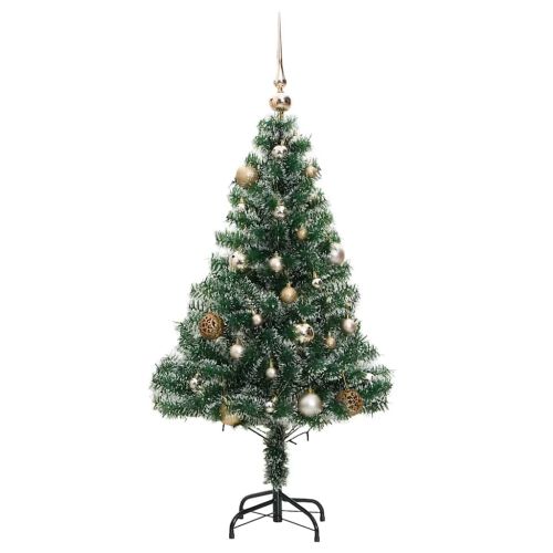 Изкуствена коледна елха, 150 LED, топки и флокиран сняг, 150 см