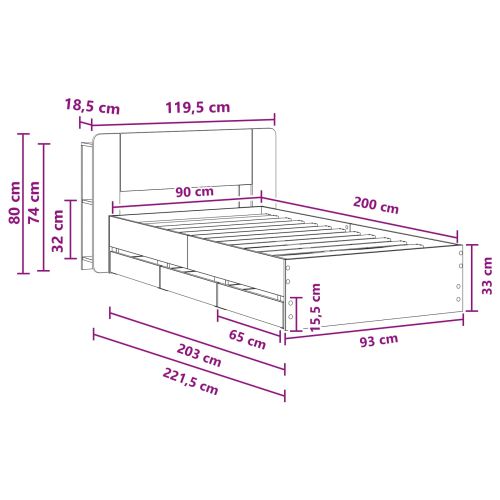 Леглово рамо с хранилище с таблото Сив Сонома 90 x 200 cm