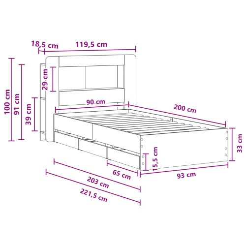 Леглово рамо с хранилище с таблото Опушен дъб 90 x 200 cm
