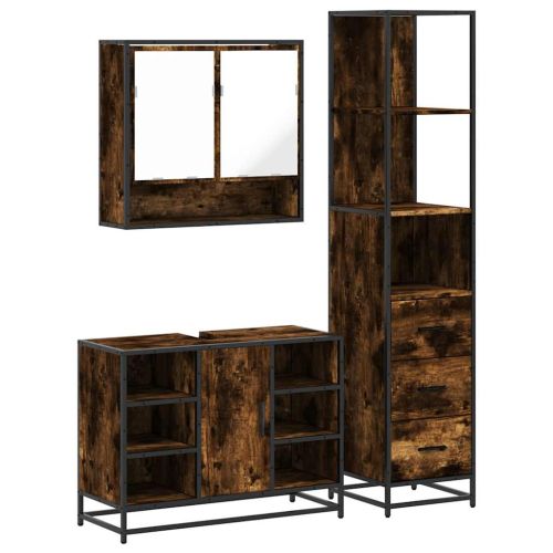 Комплект мебели за баня от 3 части, опушен дъб, инженерно дърво