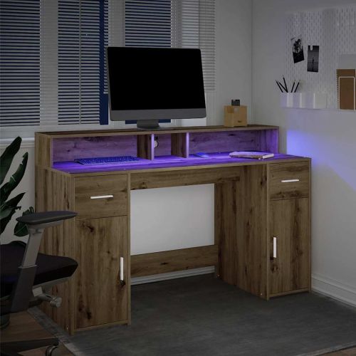 Бюро с LED осветление дъб артизан 140x55x91 см инженерно дърво