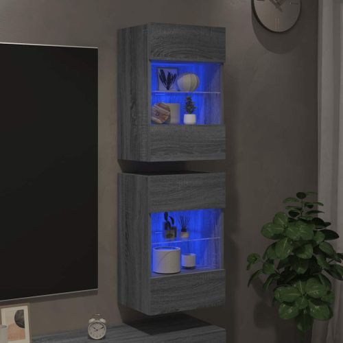 Стенни шкафове с LED светлини за телевизор, 2 бр, сив сонома, 40x30x60,5 см