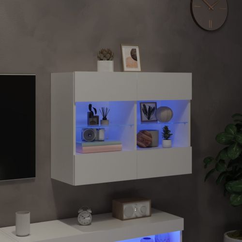 Стенен ТВ шкаф с LED осветление, бял, 78,5x30x60,5 см