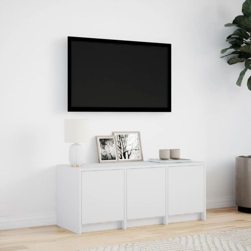 ТВ шкаф с LED, бял, 97x34x40 см, инженерно дърво