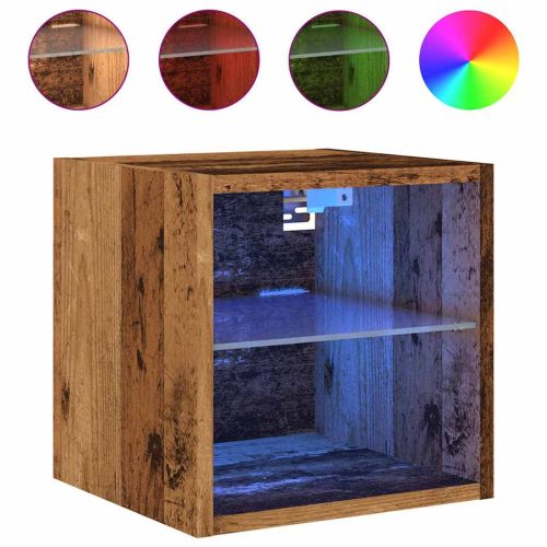 ТВ шкаф за стена с LED осветление Старо дърво 30x28,5x30 cm