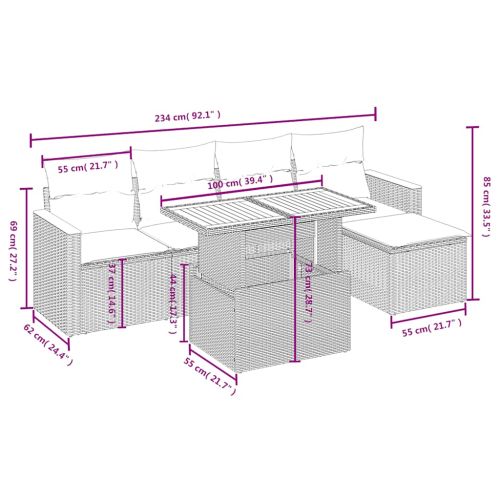 Градински диван с възглавници, 6 части, черен, полиратан