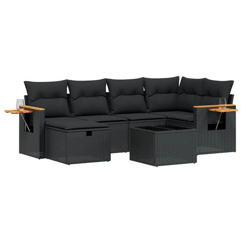 Градински комплект диван с възглавници 7 части черен полиратан